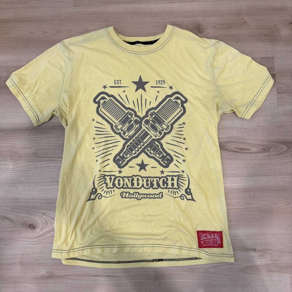 Men’s XL Tshirt Yellow with blue stitching by Von Dutch spark plugs print